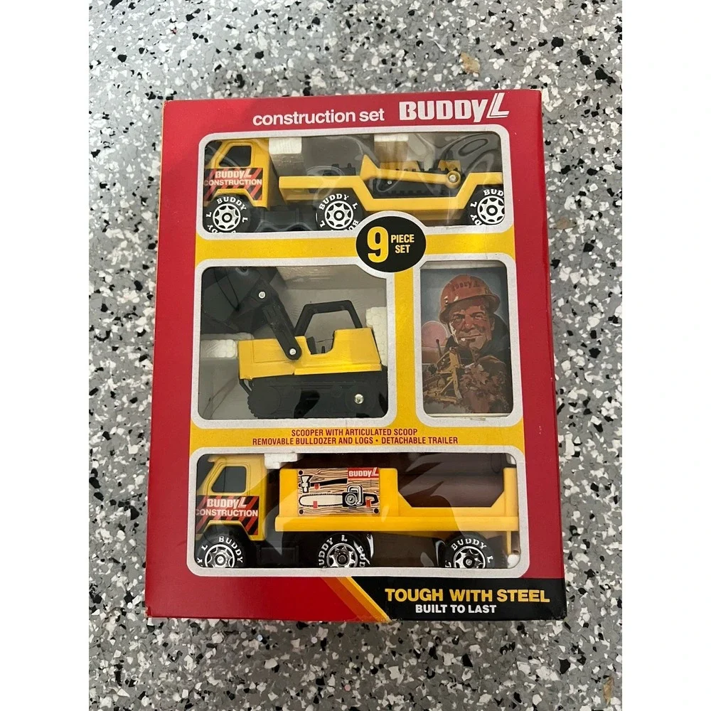 Buddy L Construction Set 9 Piece Steel Truck Log Trailer Bulldozer w/ Box #4897